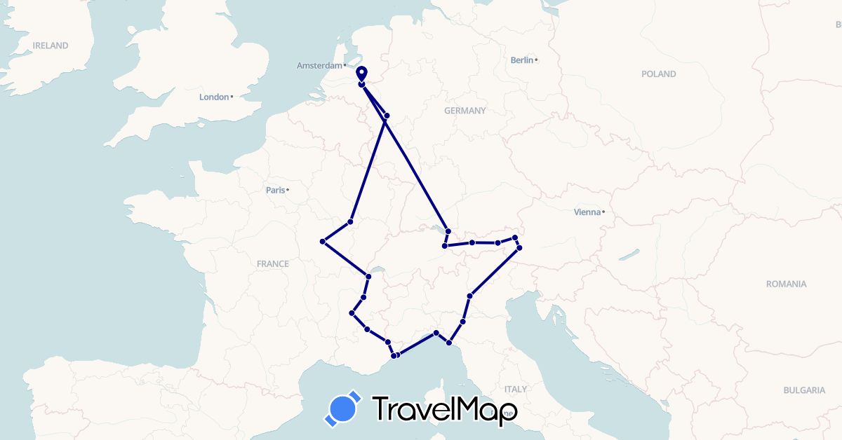 TravelMap itinerary: driving in Austria, Switzerland, Germany, France, Italy, Liechtenstein, Monaco, Netherlands (Europe)